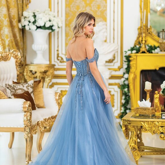 New Off Shoulder Long Semi-Ball Gown w/ Sheer Beads Embellished Bodice DQ 4490 - Picture 6 of 8
